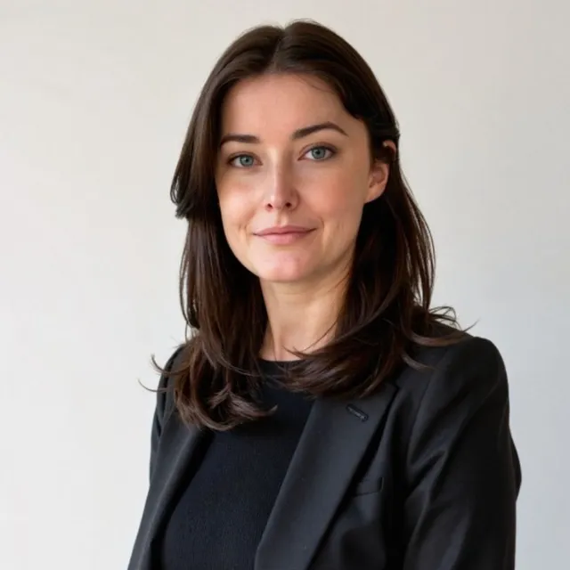 A woman with dark hair and blue eyes, smiling and wearing a black blazer.