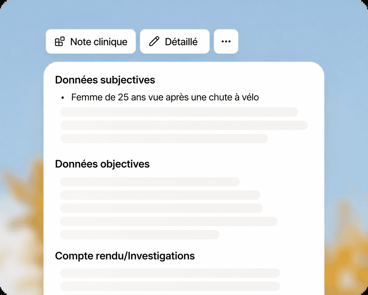 Note clinique avec sections Données subjectives, Données objectives et Compte rendu/Investigations pour le suivi patient dans Heidi