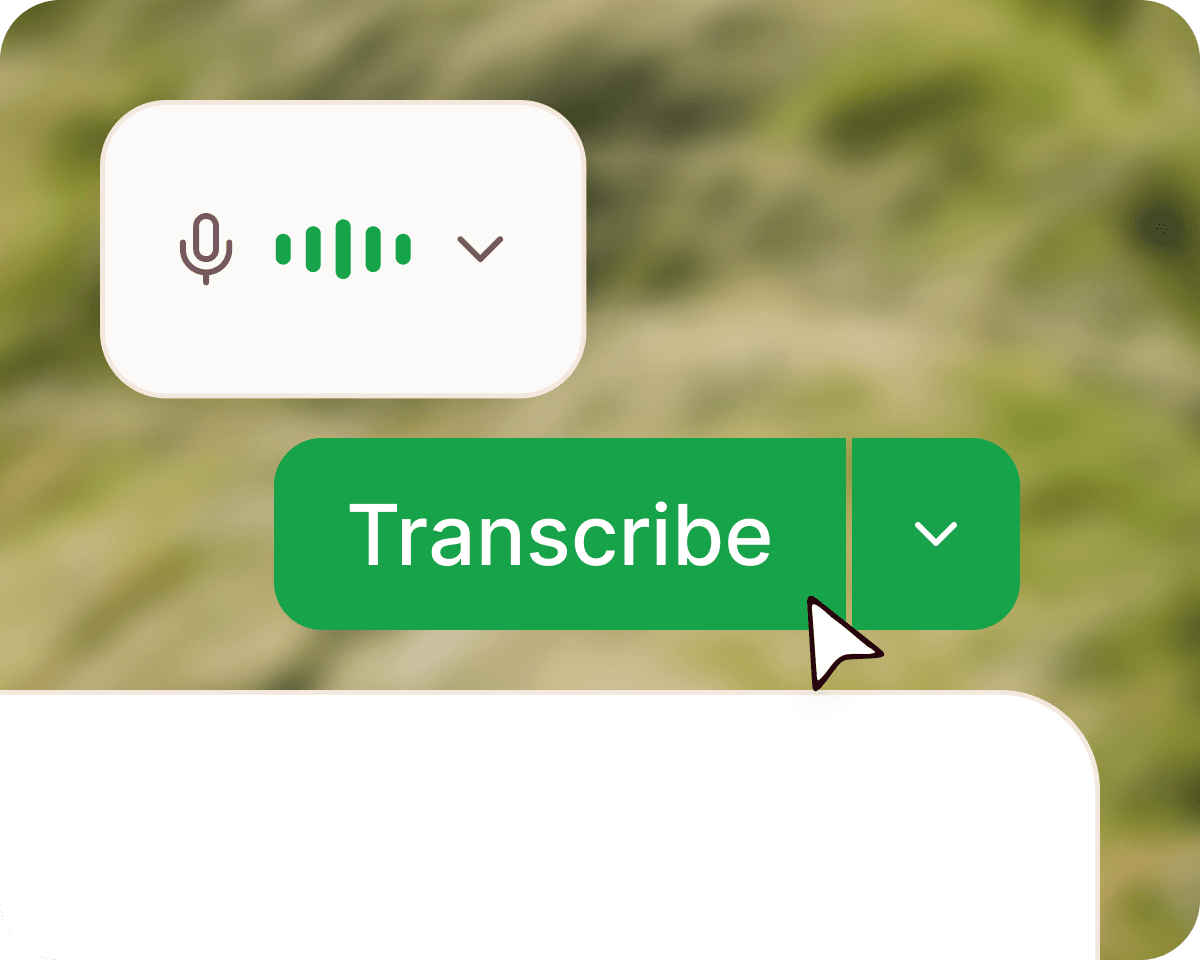 Microphone icon with active audio signal above a document titled 'Transcript'.