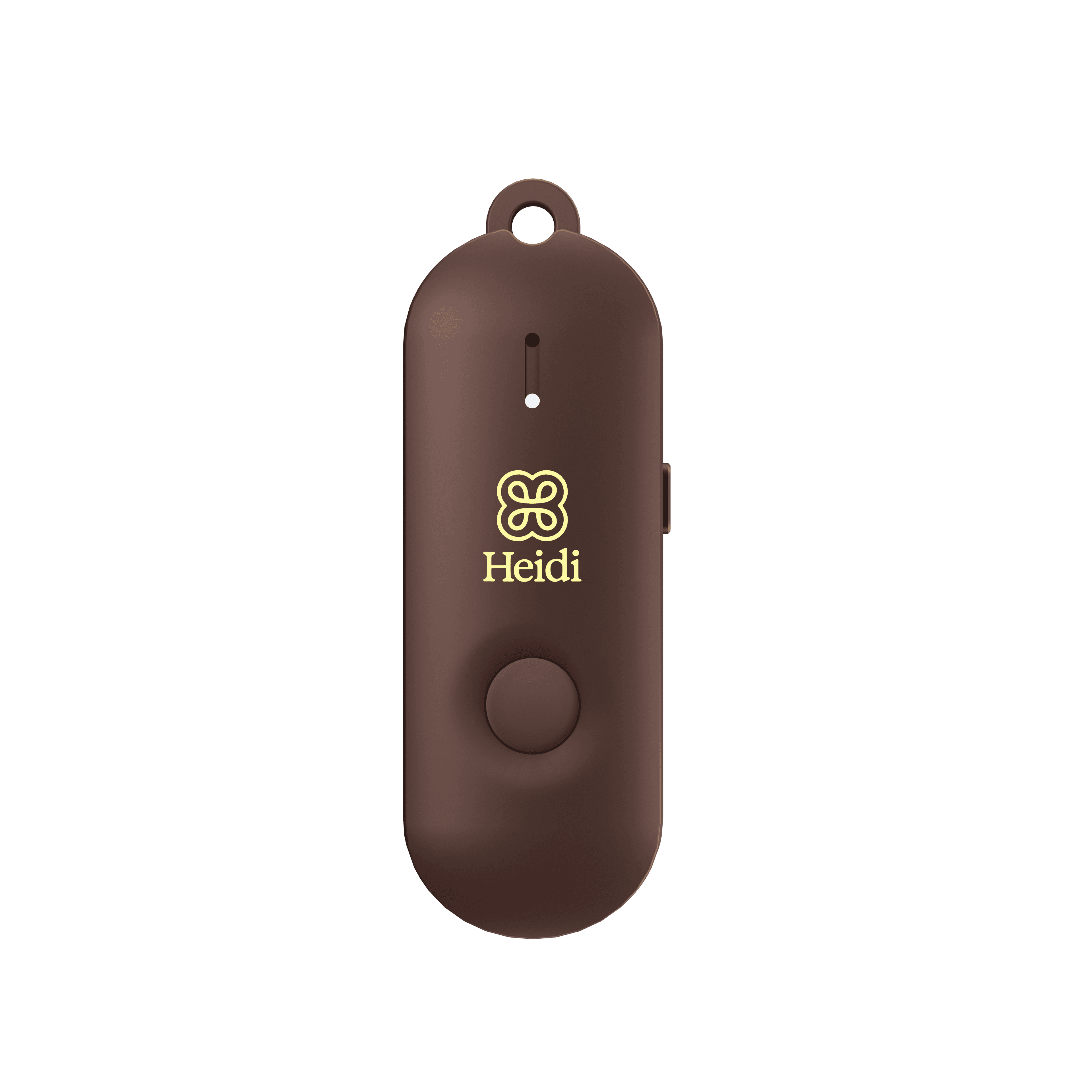 Brown Heidi handheld device with a hanging loop, indicator light and round button on a black background.