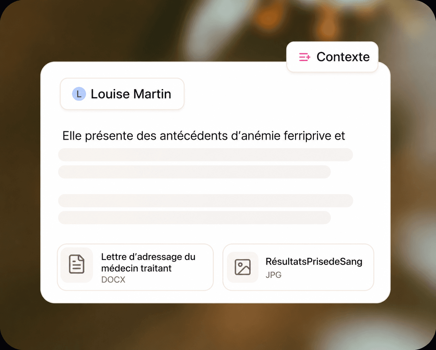 Schéma montrant une carte « Contexte » avec liens vers sessions précédentes, pièces jointes et document PDF dans Heidi