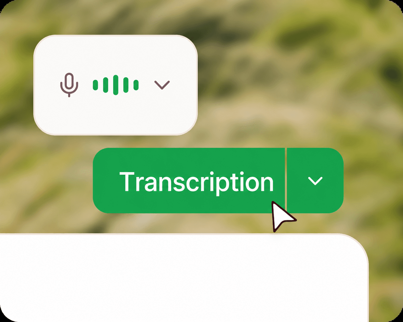 Icône de microphone avec signal audio actif au-dessus d’un bouton intitulé « Transcription »