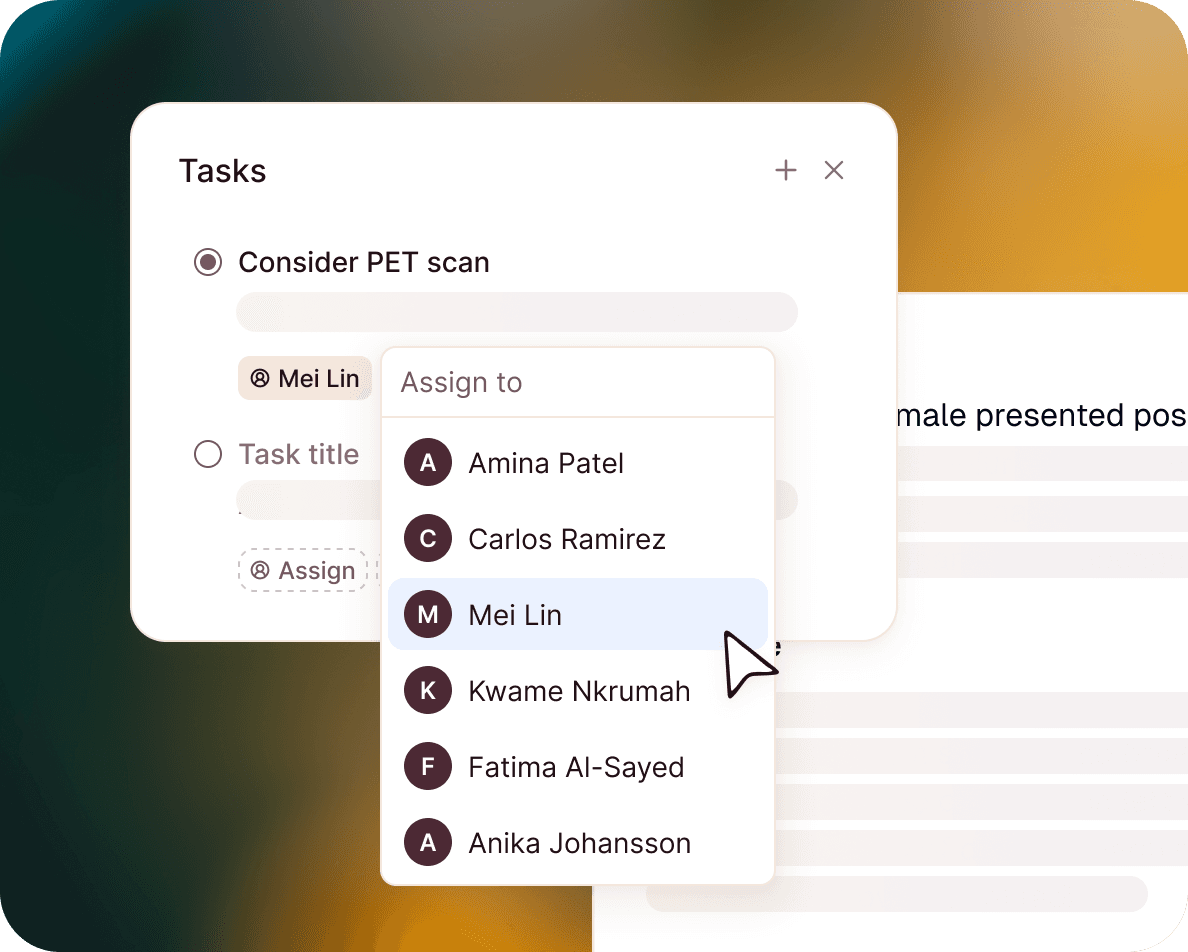 A task management interface featuring a "New Task" button linked to options like "Patient check in" and "Schedule appointment," above a "Task list" with several blank entries.