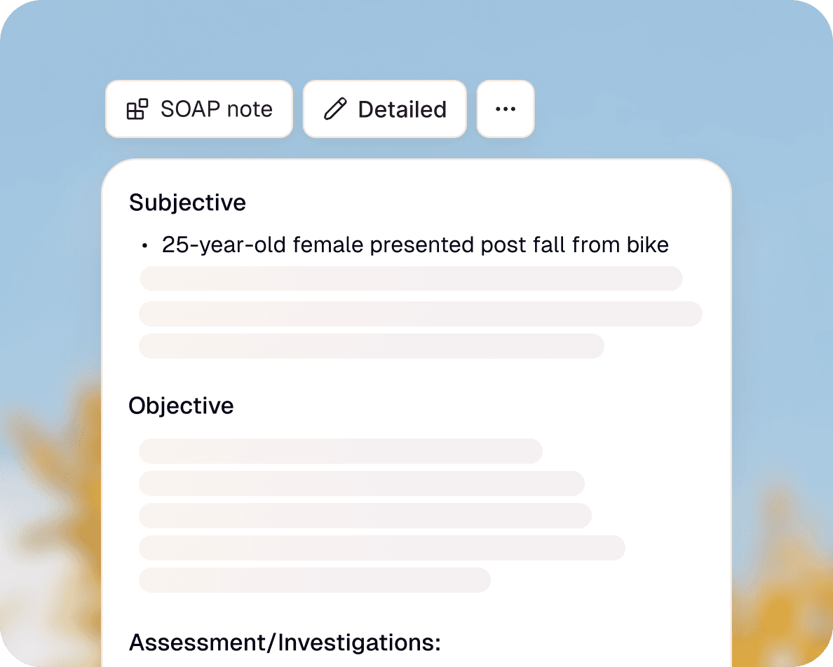 A digital SOAP note form showing Subjective, Objective, and Assessment sections.